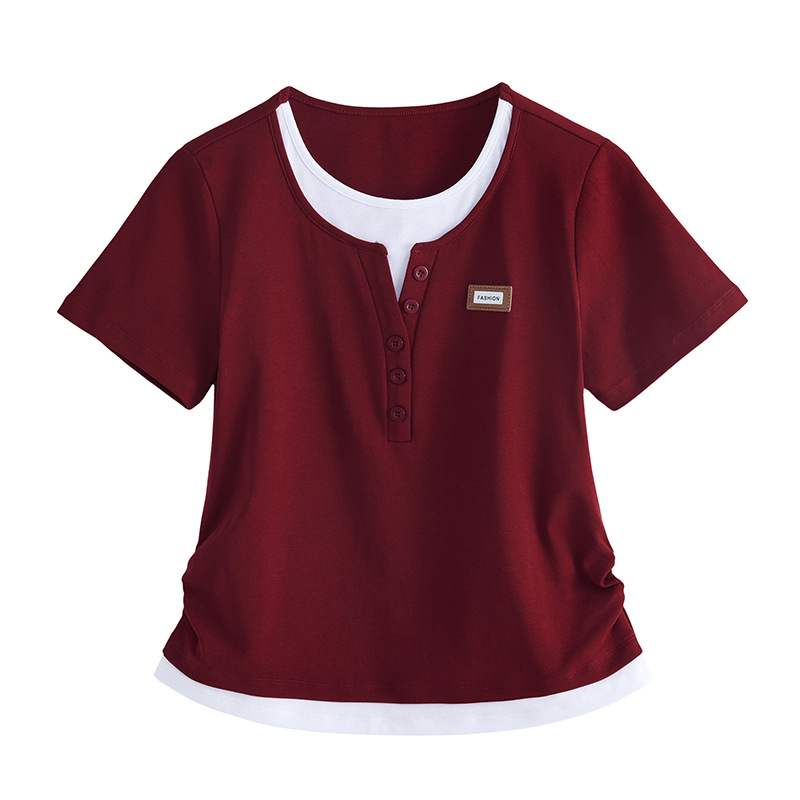 レディース ポロシャツ 重ね着風デザイン襟なし半袖ポロシャツ