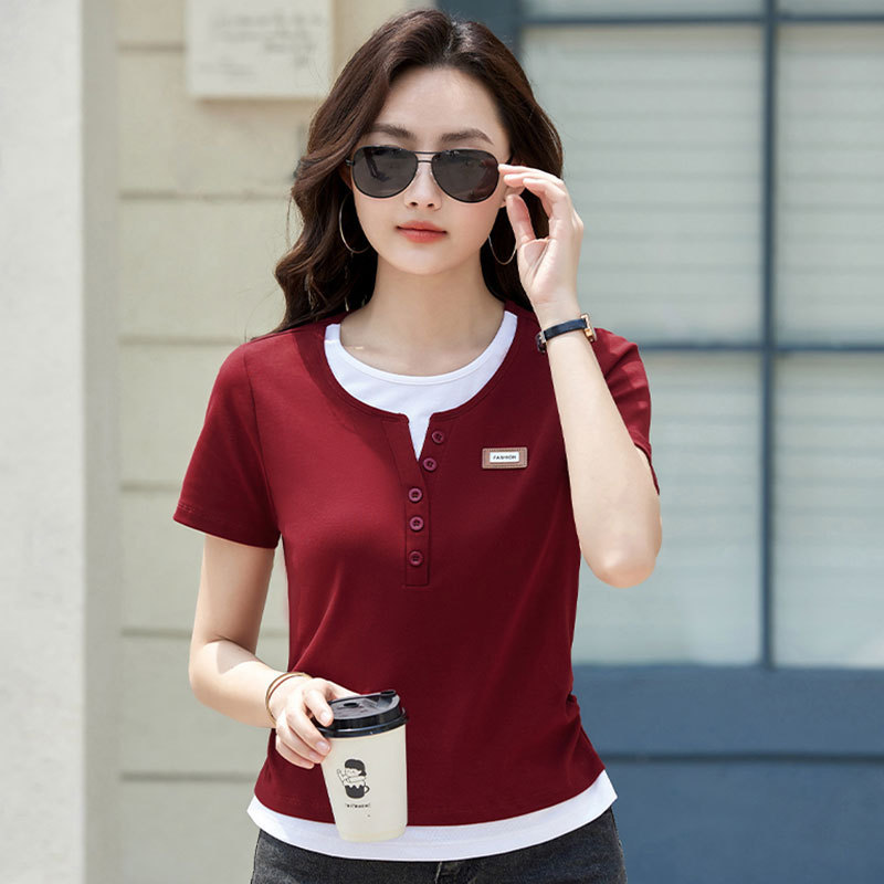 レディース ポロシャツ 重ね着風デザイン襟なし半袖ポロシャツ